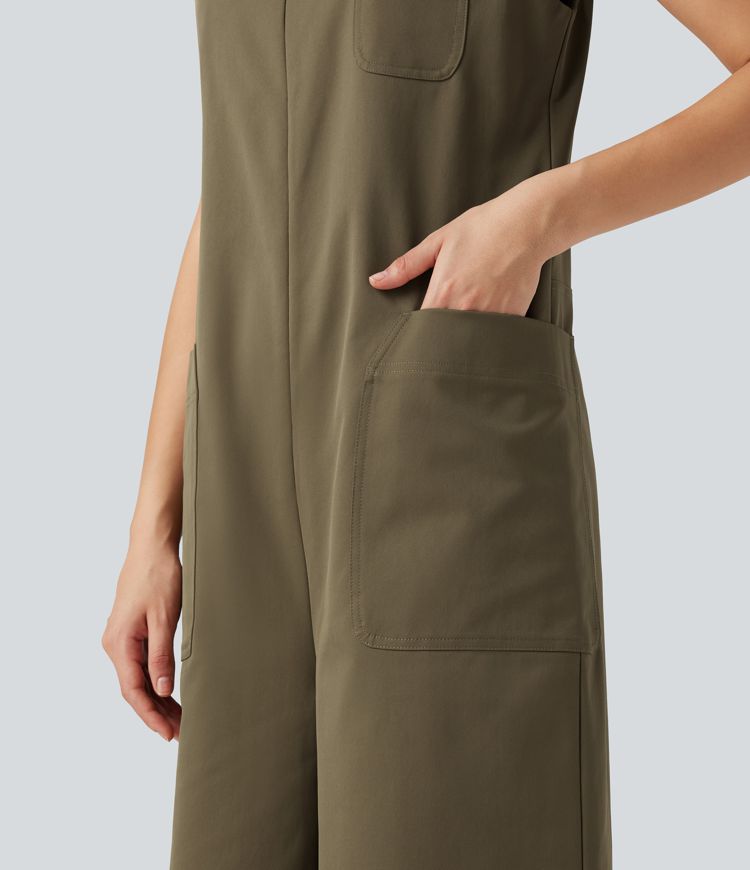 U-Neck Zip Sleeveless Casual Wide Leg Jumpsuit with Pockets