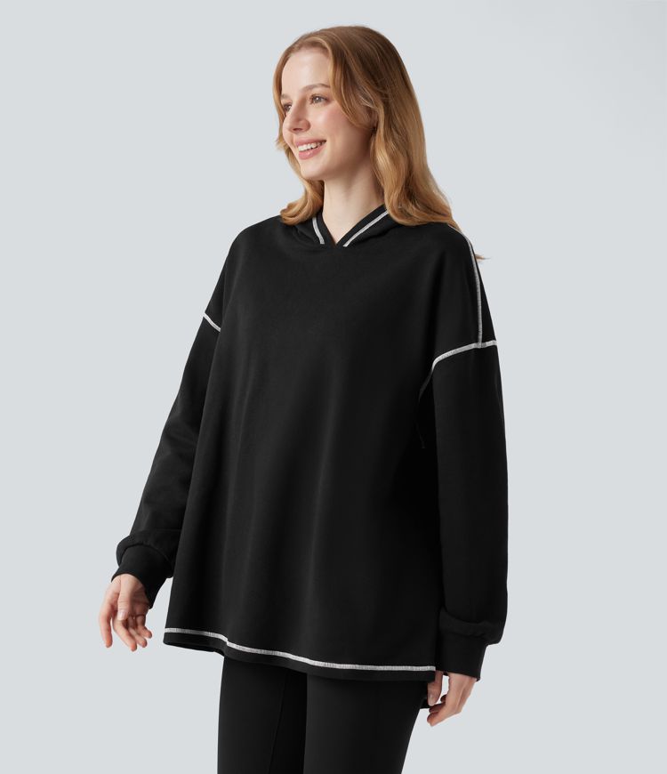 Hooded Long Sleeve Split Color Block Casual Cotton Sweatshirt