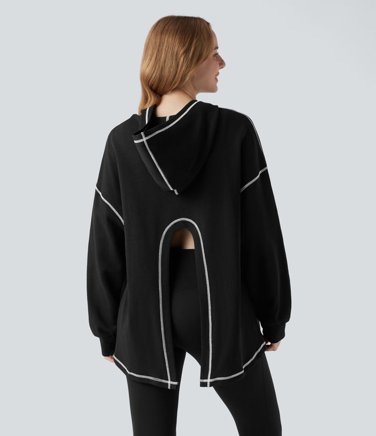 Hooded Long Sleeve Split Color Block Casual Cotton Sweatshirt