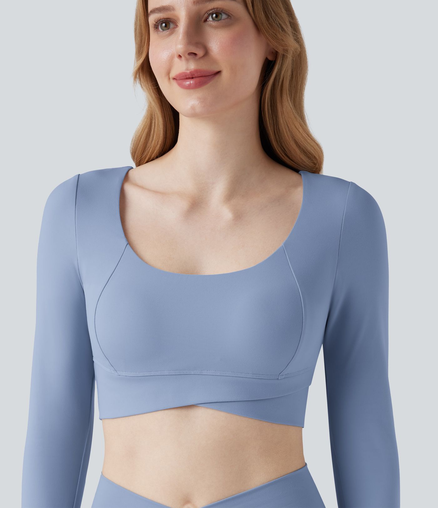 SoftlyZero™ Plush U Neck Push-Up Long Sleeve Thumb Hole Crossover Hem Cropped Yoga Sports Top