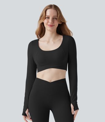 SoftlyZero™ Plush U Neck Push-Up Long Sleeve Thumb Hole Crossover Hem Cropped Yoga Sports Top