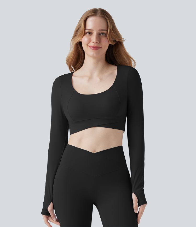 SoftlyZero™ Plush U Neck Push-Up Long Sleeve Thumb Hole Crossover Hem Cropped Yoga Sports Top