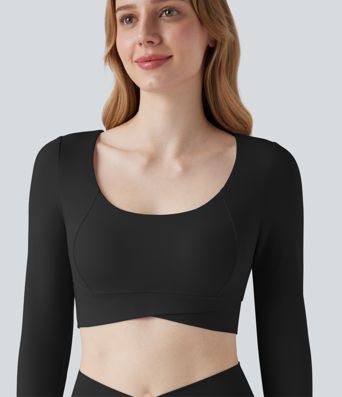 SoftlyZero™ Plush U Neck Push-Up Long Sleeve Thumb Hole Crossover Hem Cropped Yoga Sports Top