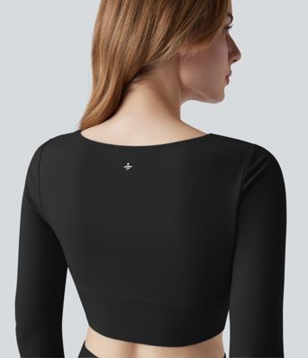 SoftlyZero™ Plush U Neck Push-Up Long Sleeve Thumb Hole Crossover Hem Cropped Yoga Sports Top