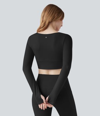 SoftlyZero™ Plush U Neck Push-Up Long Sleeve Thumb Hole Crossover Hem Cropped Yoga Sports Top