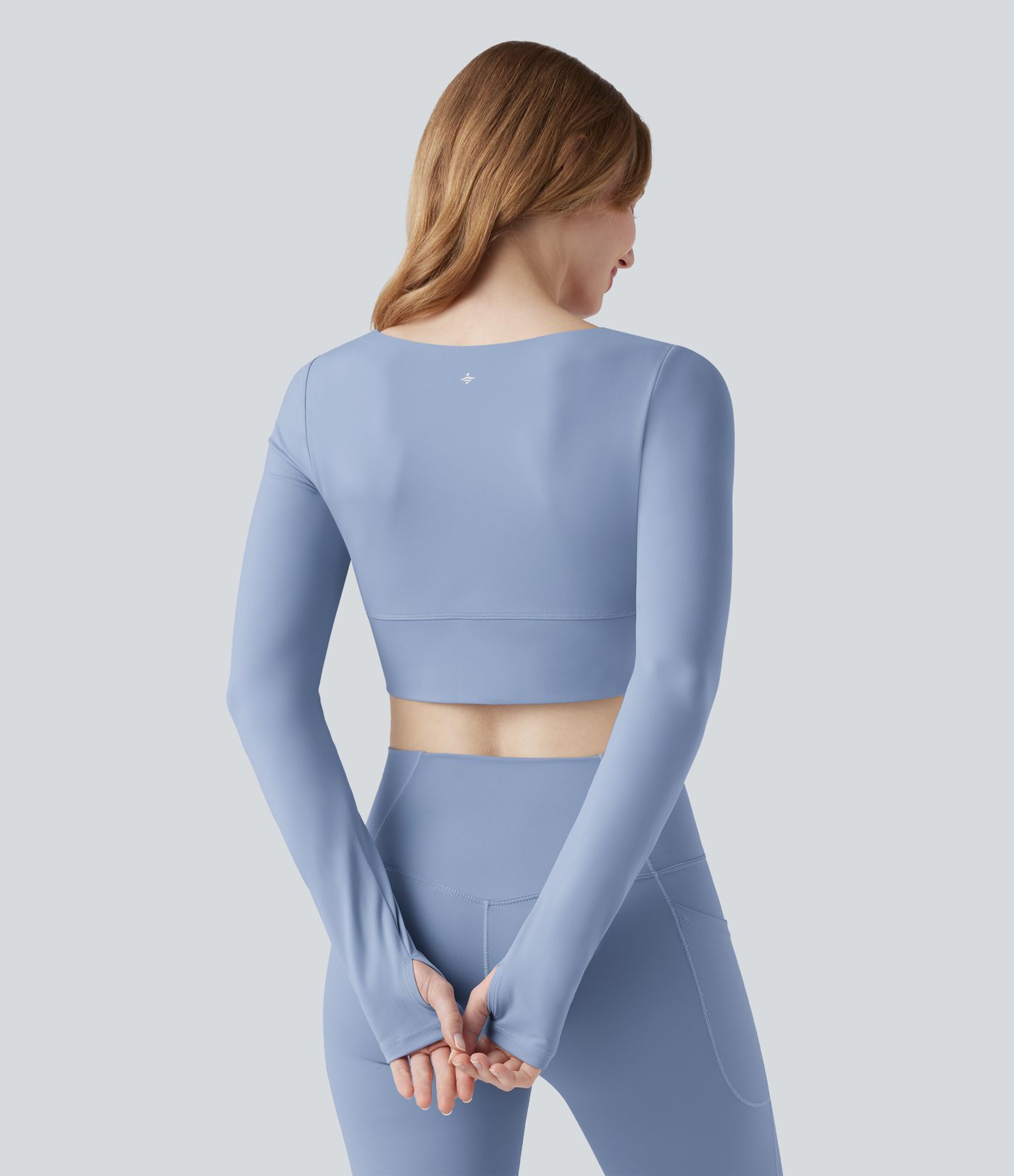 SoftlyZero™ Plush U Neck Push-Up Long Sleeve Thumb Hole Crossover Hem Cropped Yoga Sports Top