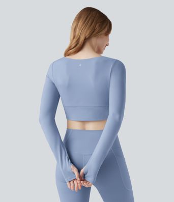 SoftlyZero™ Plush U Neck Push-Up Long Sleeve Thumb Hole Crossover Hem Cropped Yoga Sports Top