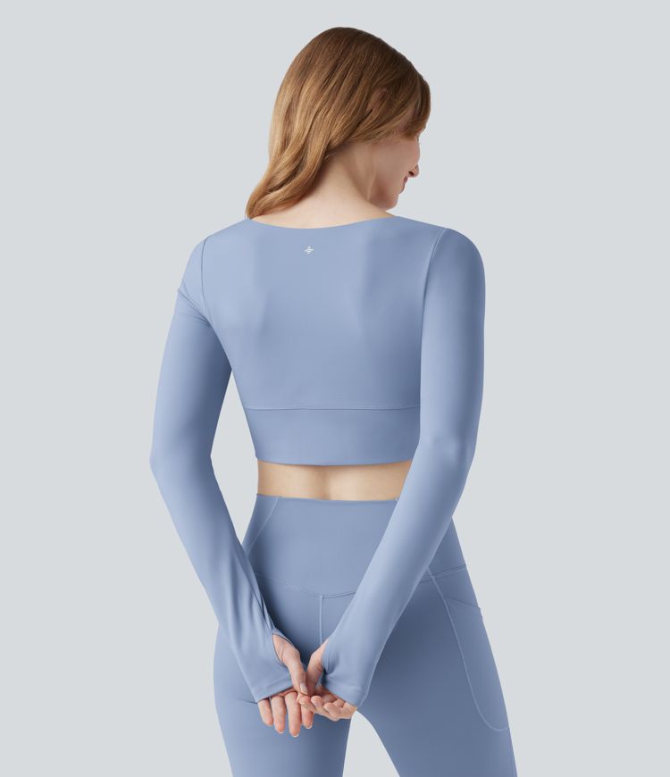 SoftlyZero™ Plush U Neck Push-Up Long Sleeve Thumb Hole Crossover Hem Cropped Yoga Sports Top