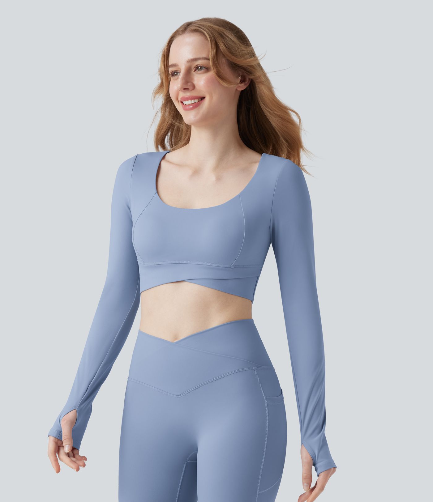 SoftlyZero™ Plush U Neck Push-Up Long Sleeve Thumb Hole Crossover Hem Cropped Yoga Sports Top