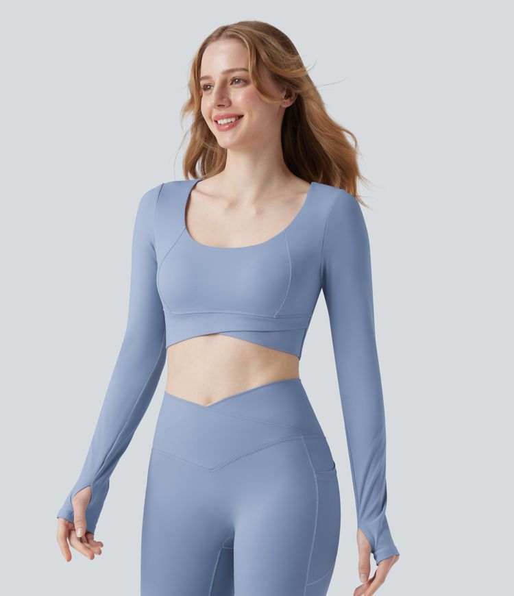 SoftlyZero™ Plush U Neck Push-Up Long Sleeve Thumb Hole Crossover Hem Cropped Yoga Sports Top