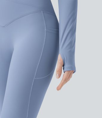 SoftlyZero™ Plush U Neck Push-Up Long Sleeve Thumb Hole Crossover Hem Cropped Yoga Sports Top