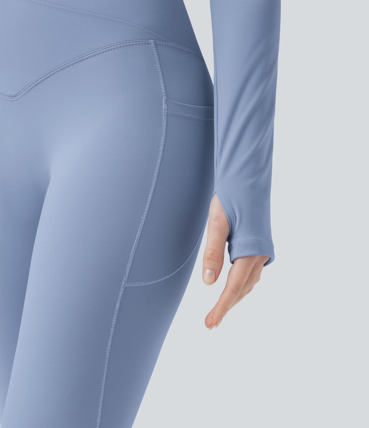 SoftlyZero™ Plush U Neck Push-Up Long Sleeve Thumb Hole Crossover Hem Cropped Yoga Sports Top