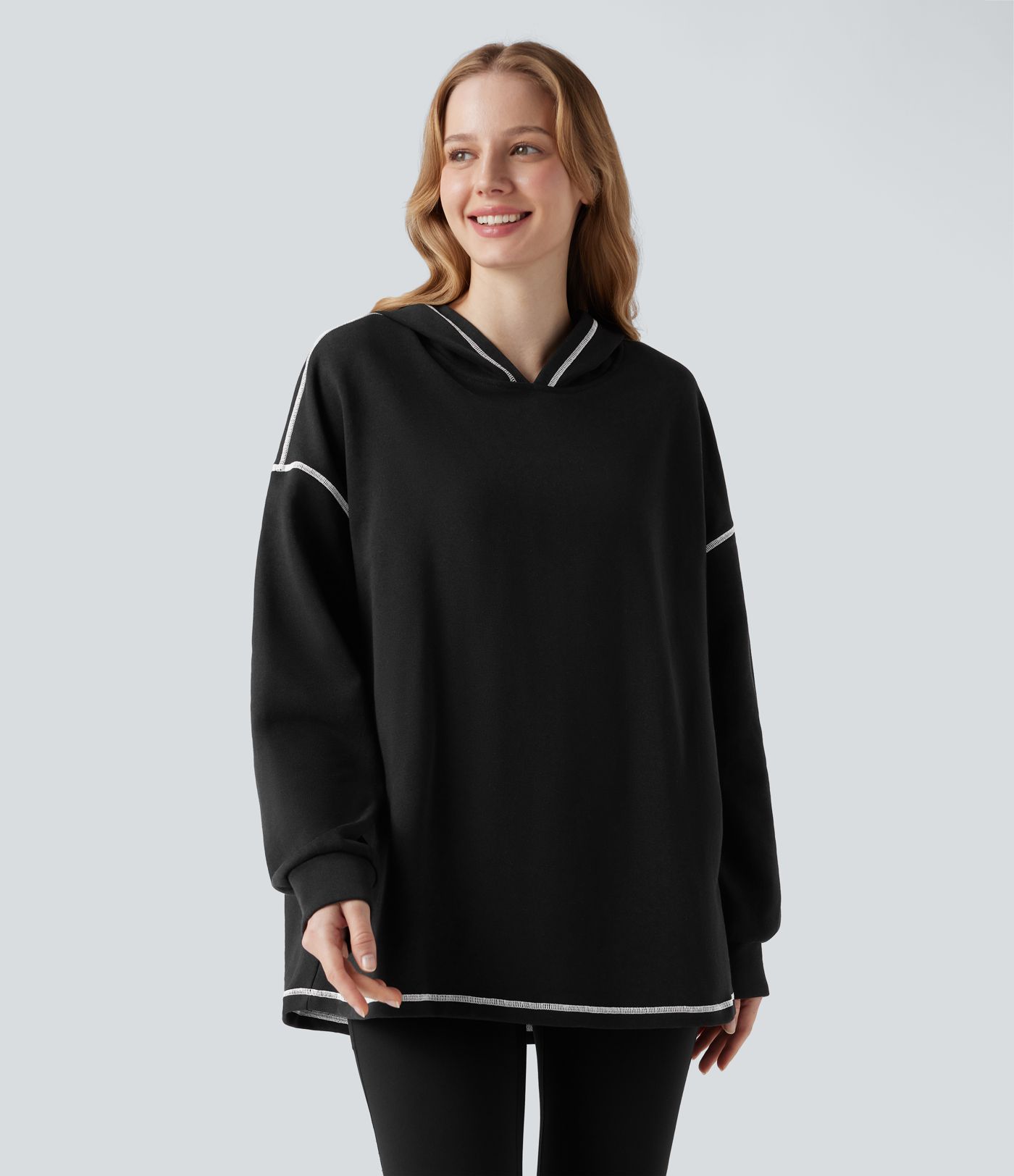 Hooded Long Sleeve Split Color Block Casual Cotton Sweatshirt