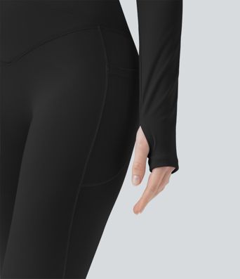 SoftlyZero™ Plush U Neck Push-Up Long Sleeve Thumb Hole Crossover Hem Cropped Yoga Sports Top