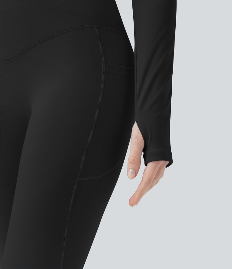SoftlyZero™ Plush U Neck Push-Up Long Sleeve Thumb Hole Crossover Hem Cropped Yoga Sports Top