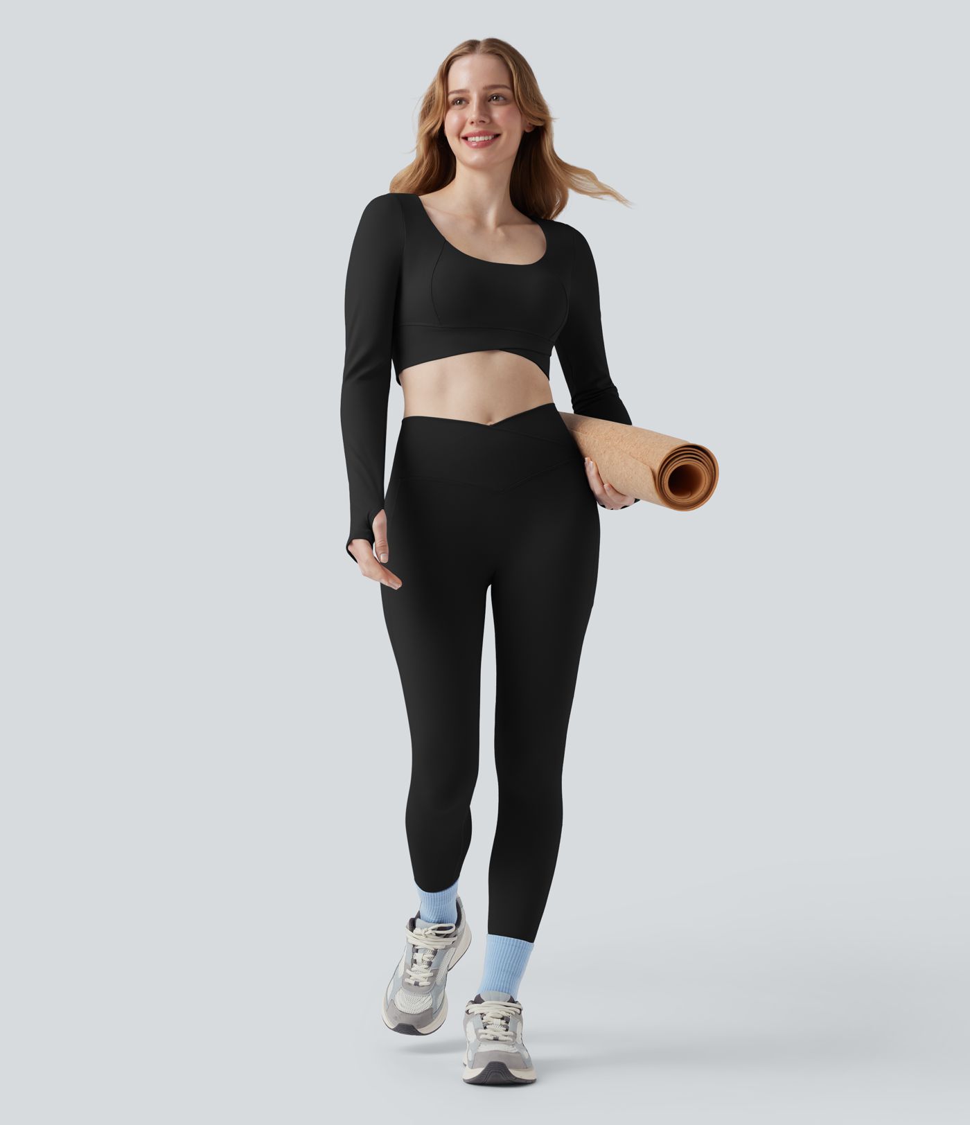 SoftlyZero™ Plush U Neck Push-Up Long Sleeve Thumb Hole Crossover Hem Cropped Yoga Sports Top