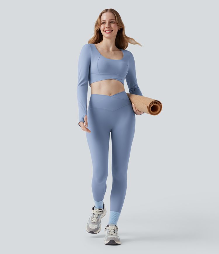 SoftlyZero™ Plush U Neck Push-Up Long Sleeve Thumb Hole Crossover Hem Cropped Yoga Sports Top