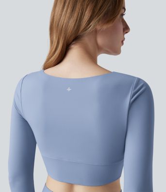 SoftlyZero™ Plush U Neck Push-Up Long Sleeve Thumb Hole Crossover Hem Cropped Yoga Sports Top