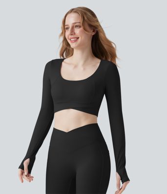 SoftlyZero™ Plush U Neck Push-Up Long Sleeve Thumb Hole Crossover Hem Cropped Yoga Sports Top