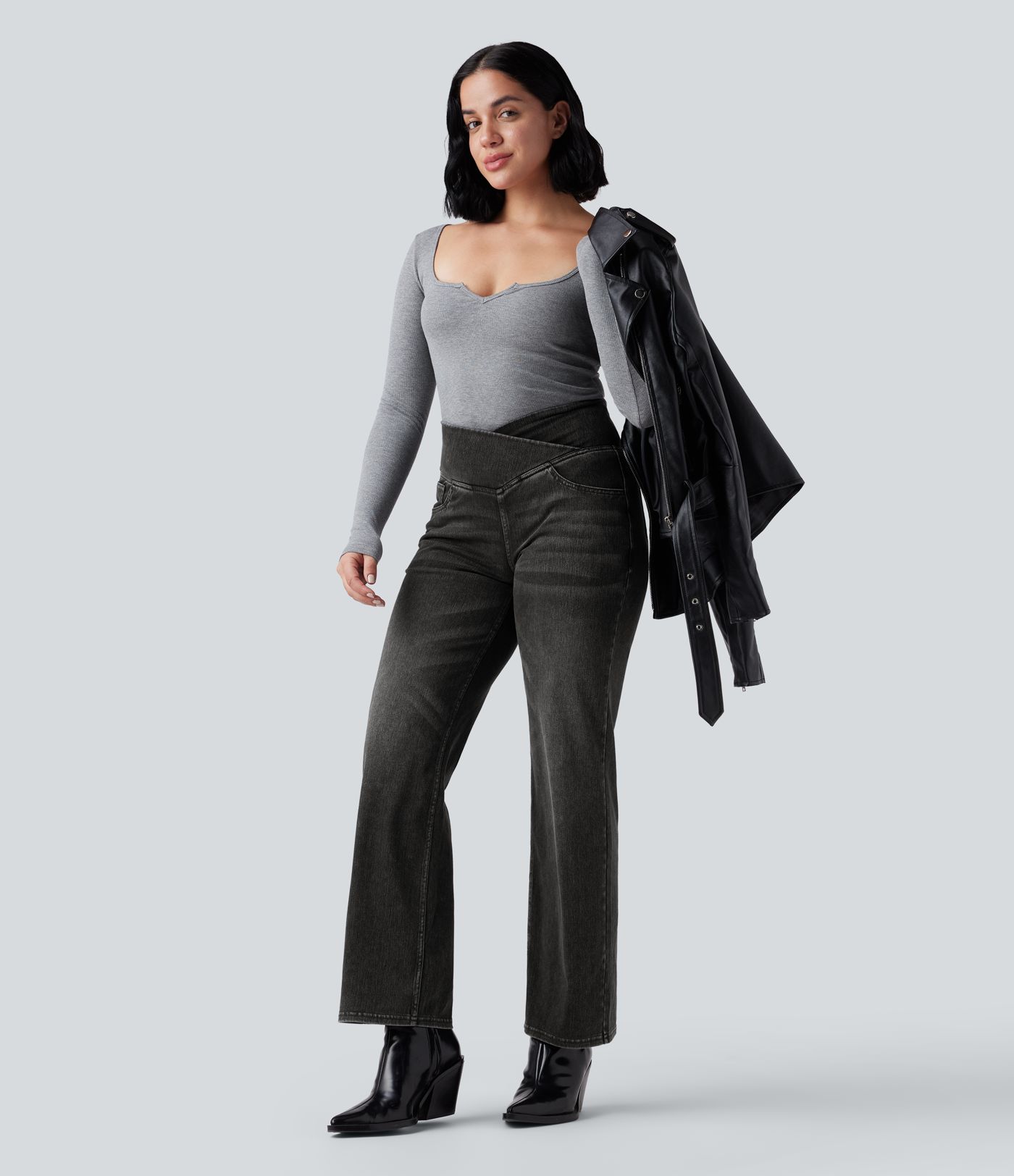 Halara Flex™ Crossover High Waisted Tummy Control Casual Women Straight Leg Denim Jeans with Pockets