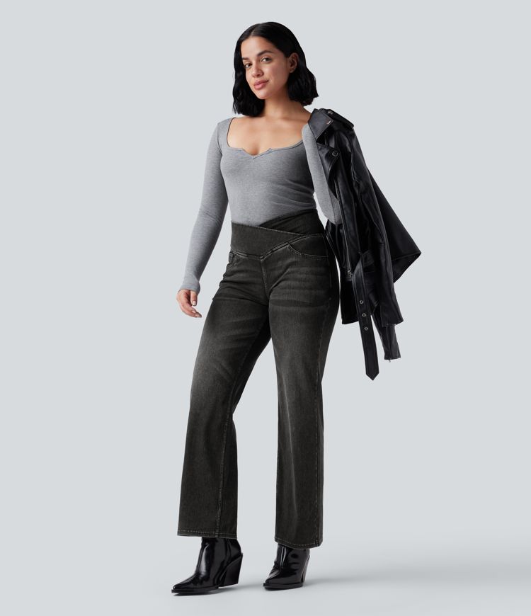 Jean droit décontracté croisé gainant taille haute avec poches Halara Flex™