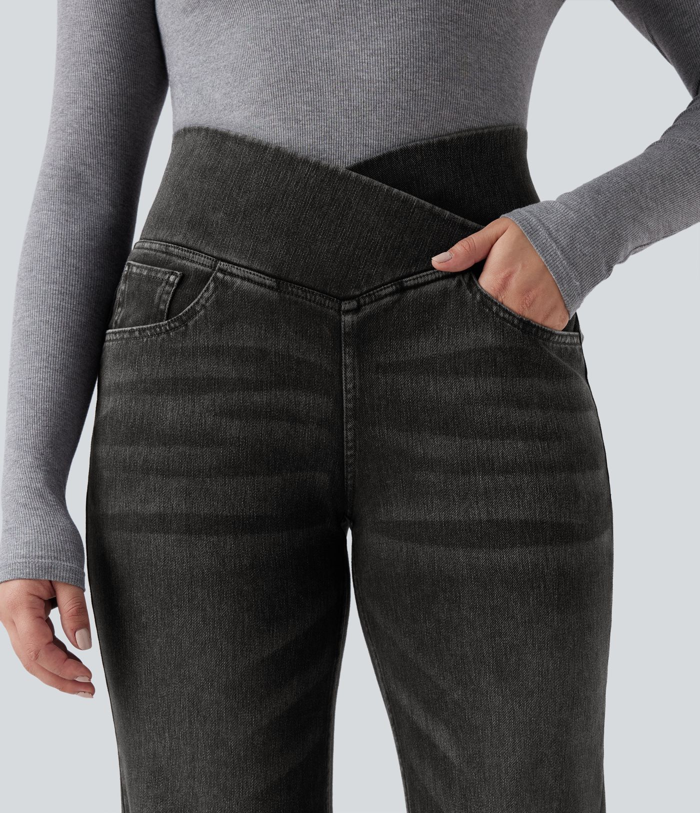 Halara Flex™ Crossover High Waisted Tummy Control Casual Women Straight Leg Denim Jeans with Pockets