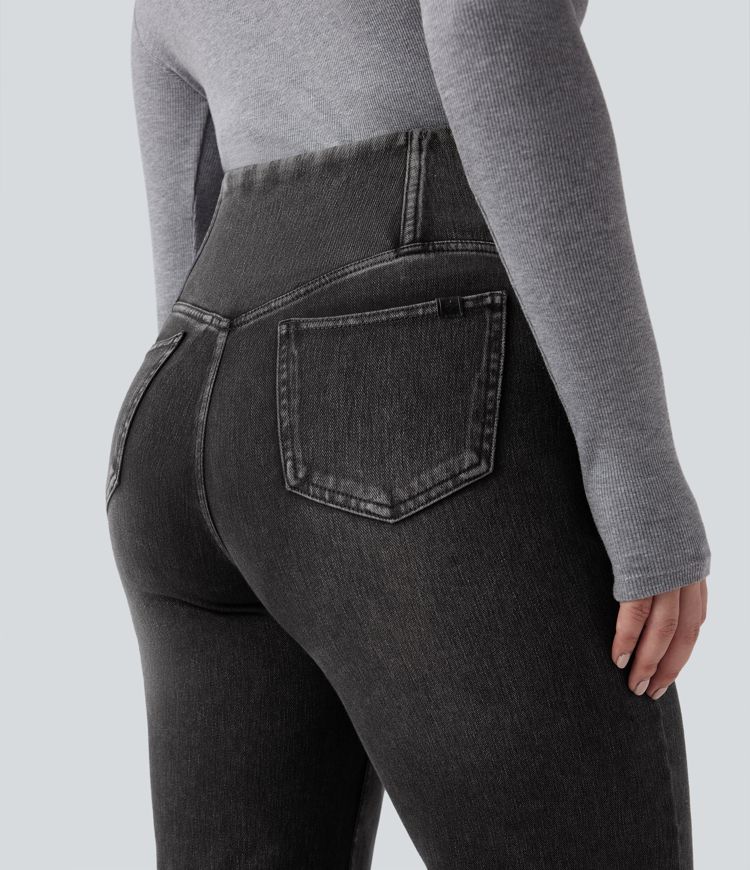 Jean droit décontracté croisé gainant taille haute avec poches Halara Flex™