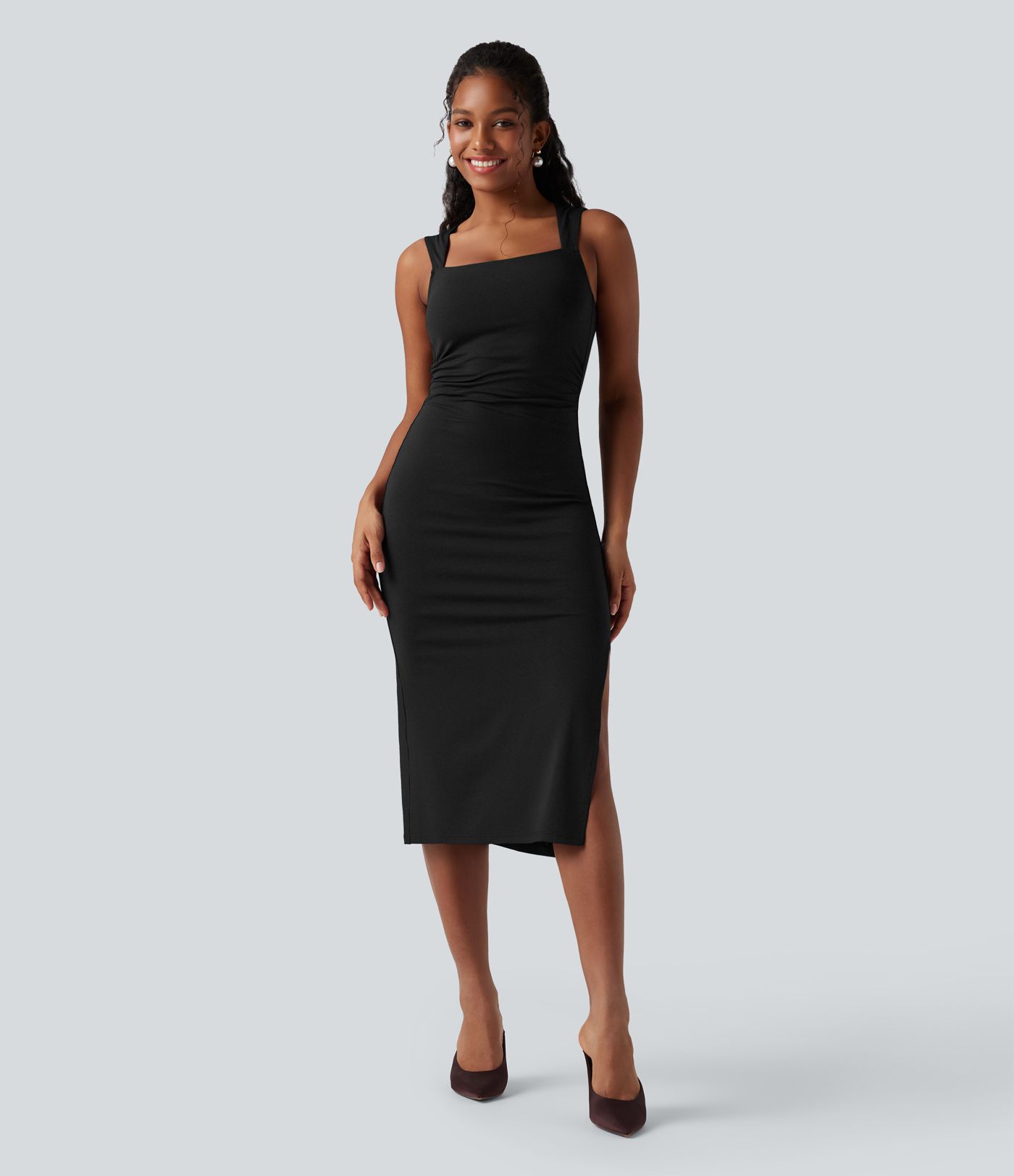 Vestido midi bodycon sin mangas con escote cuadrado, recorte y lazada en la espalda