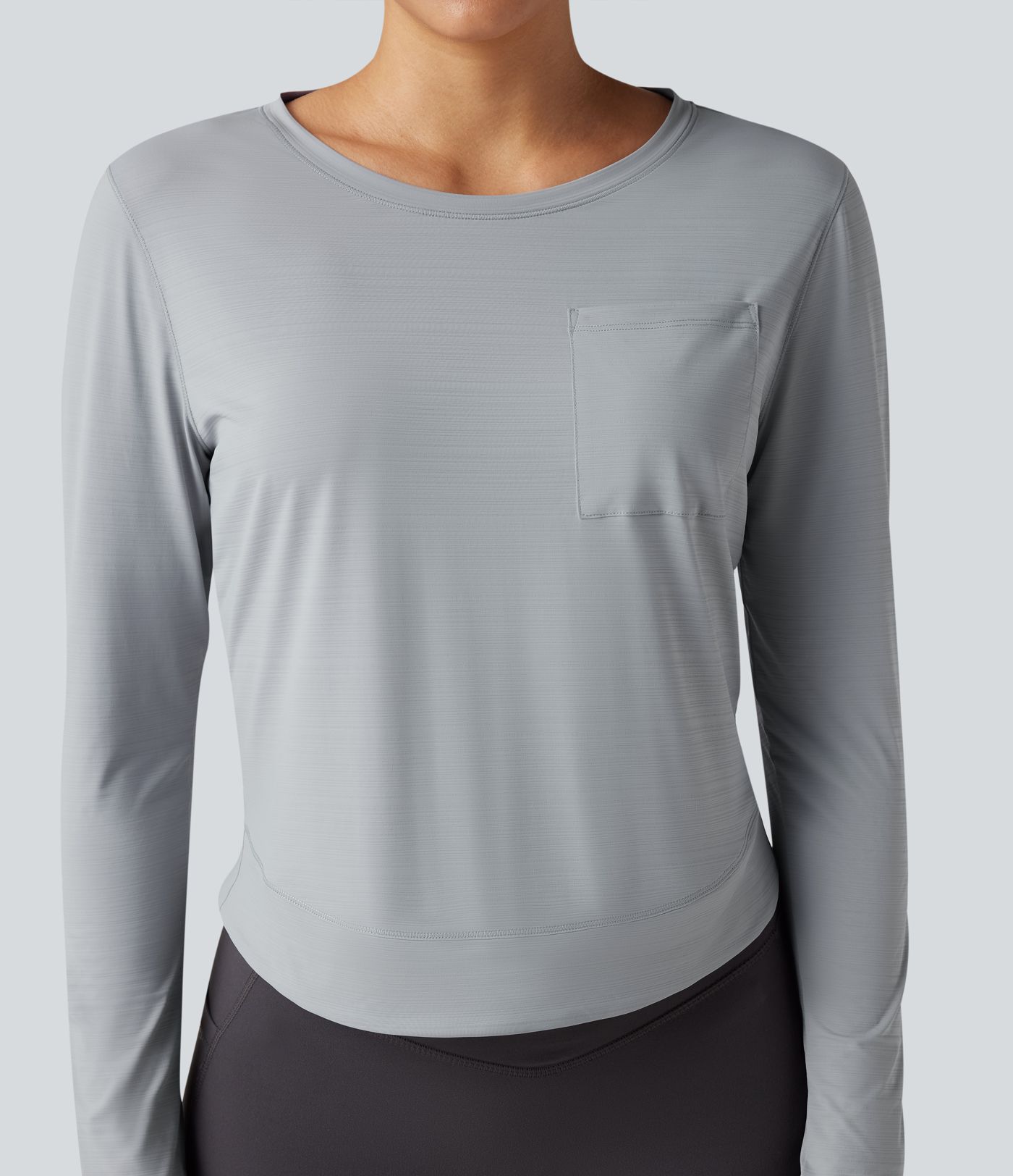 Round Neck Long Sleeve Pleated Yoga Sports Top with Pocket