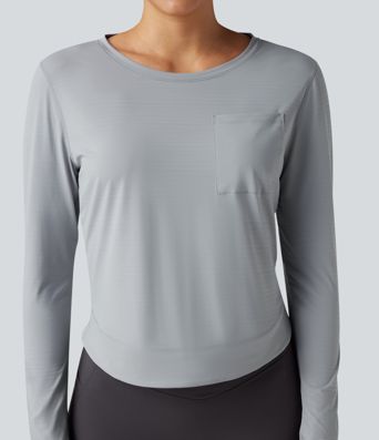 Round Neck Long Sleeve Pleated Yoga Sports Top with Pocket
