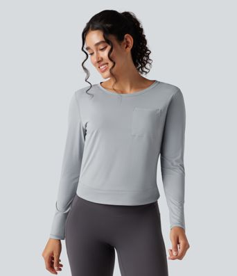 Round Neck Long Sleeve Pleated Yoga Sports Top with Pocket
