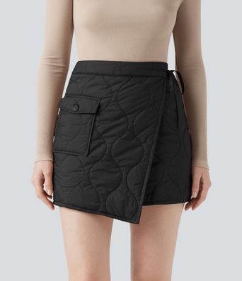 Water Repellent High Waisted Wrapped Tie Side Mini Casual Padded Skirt with Pocket