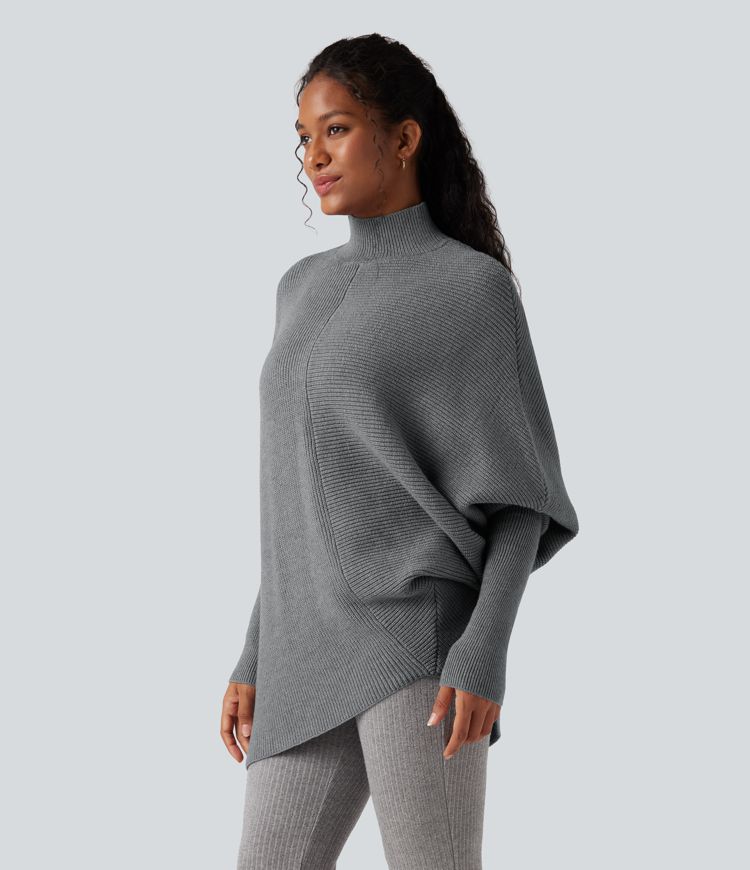 Pull de travail col montant à manches longues chauve-souris et ourlet asymétrique