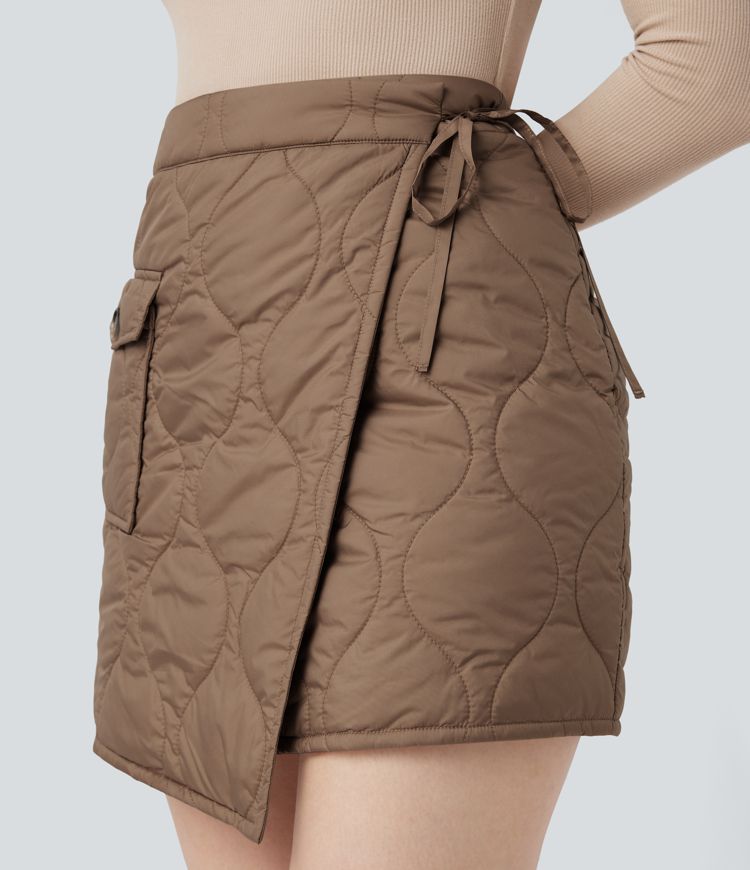 Water Repellent High Waisted Wrapped Tie Side Mini Casual Padded Skirt with Pocket