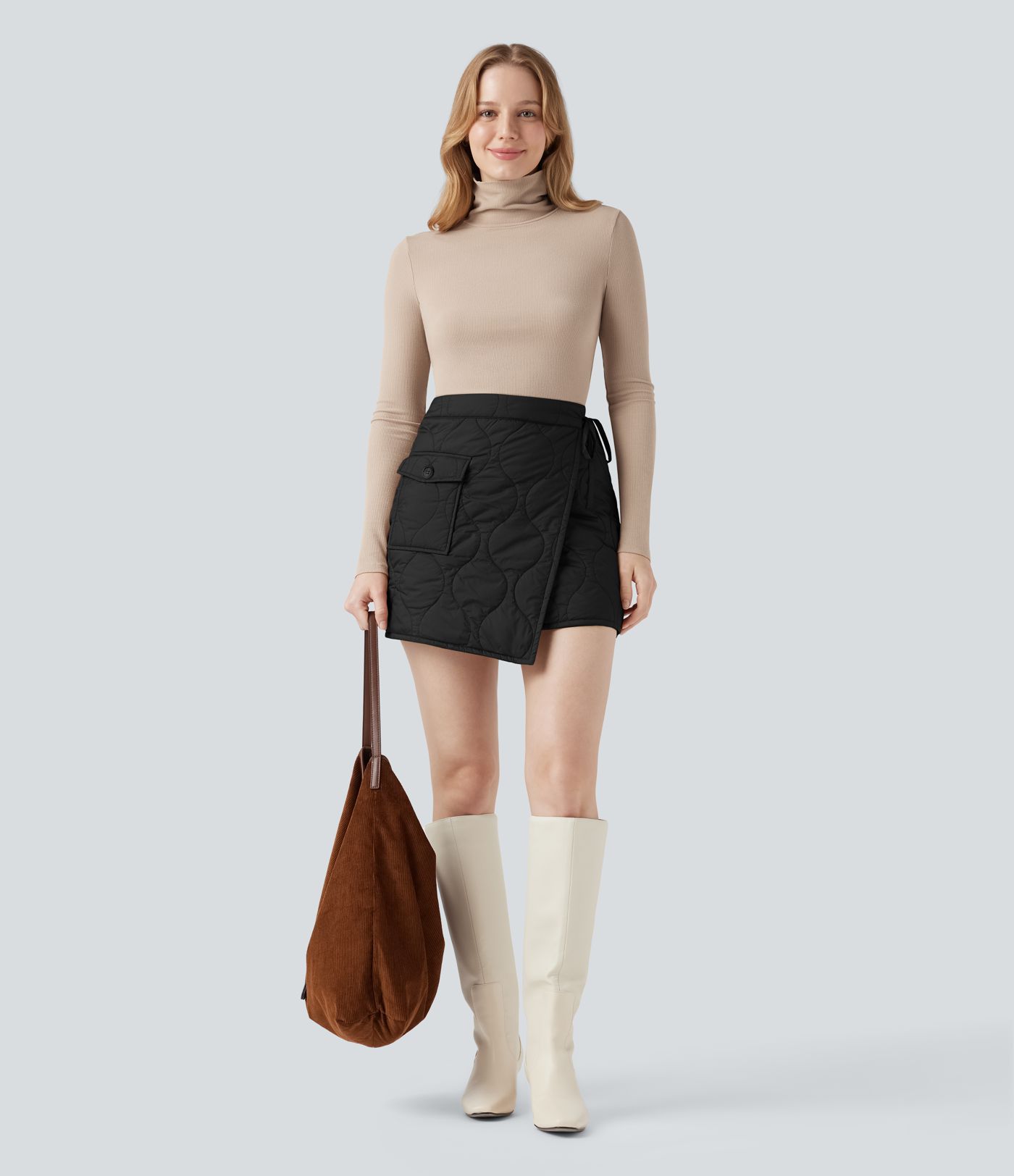 Water Repellent High Waisted Wrapped Tie Side Mini Casual Padded Skirt with Pocket