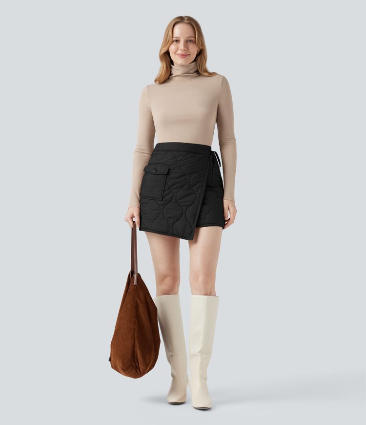 Water Repellent High Waisted Wrapped Tie Side Mini Casual Padded Skirt with Pocket