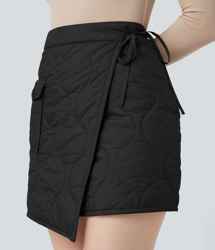 Water Repellent High Waisted Wrapped Tie Side Mini Casual Padded Skirt with Pocket