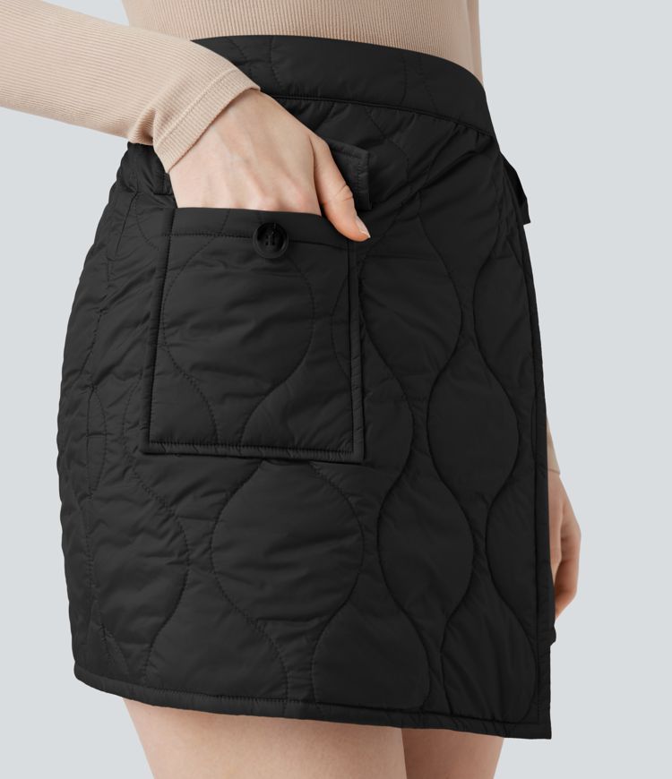Water Repellent High Waisted Wrapped Tie Side Mini Casual Padded Skirt with Pocket