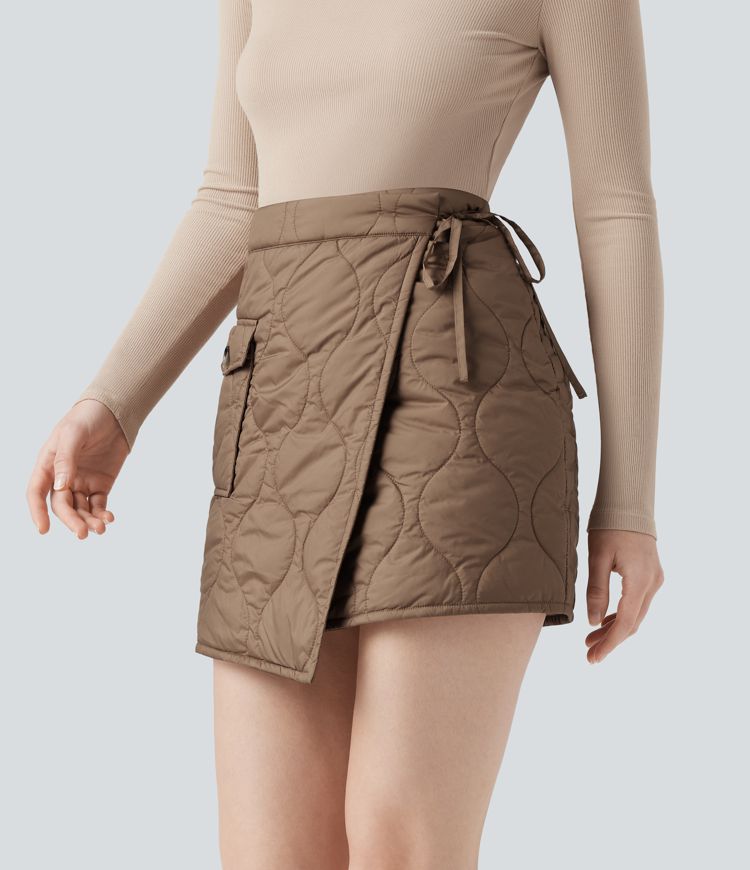 Water Repellent High Waisted Wrapped Tie Side Mini Casual Padded Skirt with Pocket