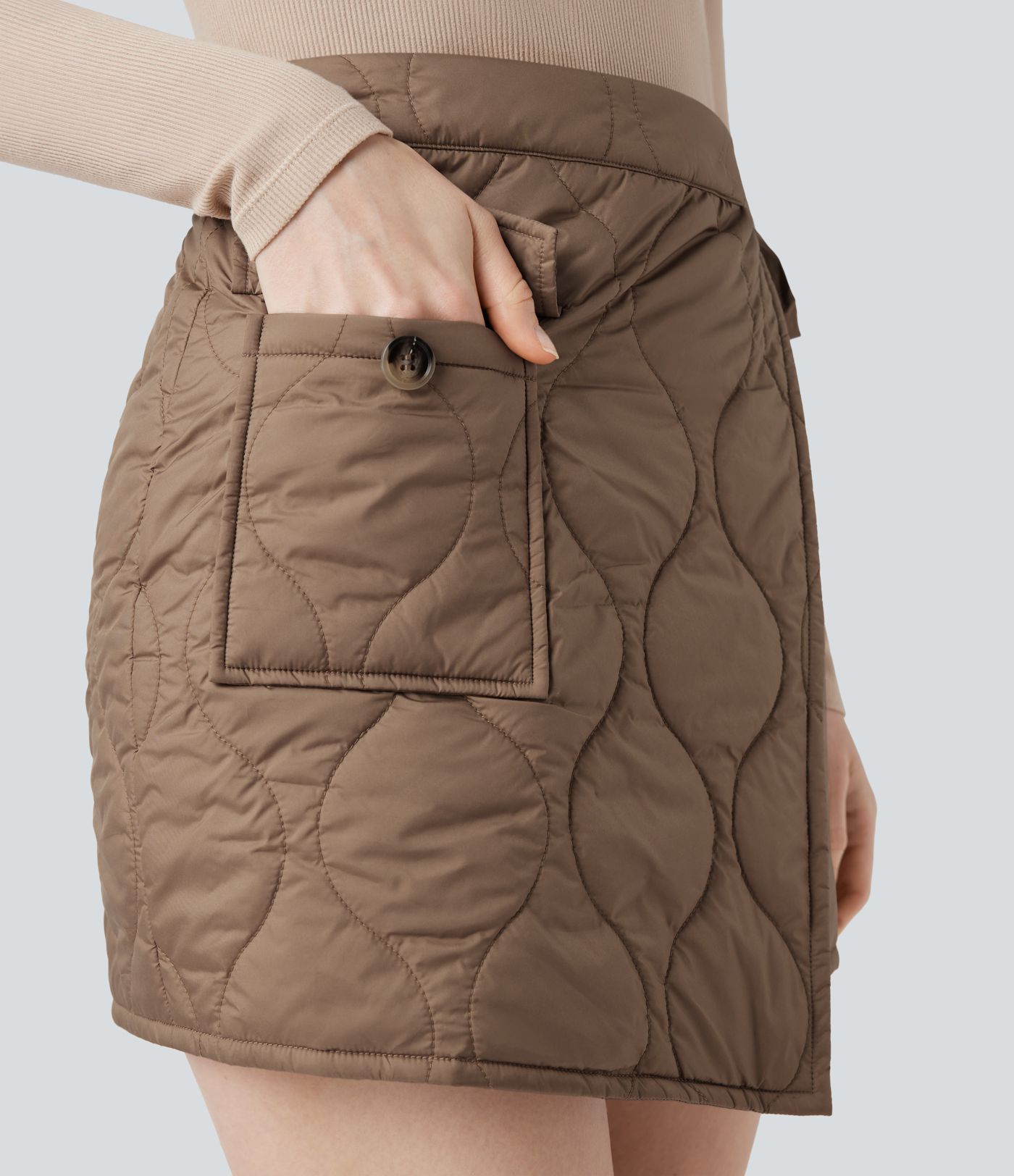 Water Repellent High Waisted Wrapped Tie Side Mini Casual Padded Skirt with Pocket