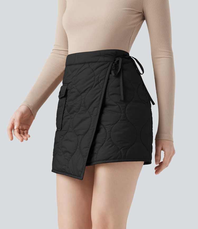 Water Repellent High Waisted Wrapped Tie Side Mini Casual Padded Skirt with Pocket