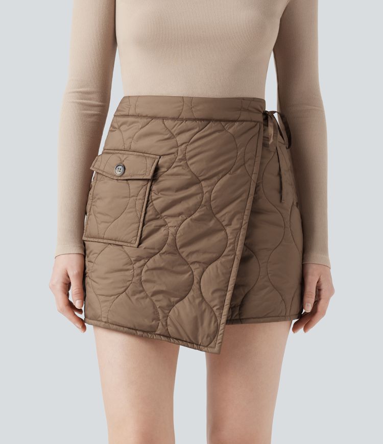 Water Repellent High Waisted Wrapped Tie Side Mini Casual Padded Skirt with Pocket