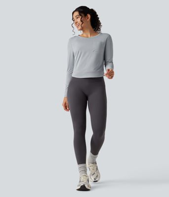 Round Neck Long Sleeve Pleated Yoga Sports Top with Pocket