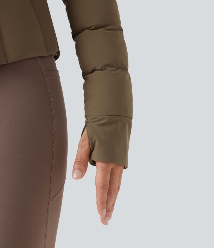 Stand Collar Thumb Holes Stretchy Workout Padded Jacket with Pockets