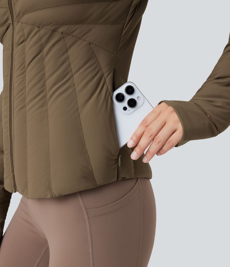 Stand Collar Thumb Holes Stretchy Workout Padded Jacket with Pockets