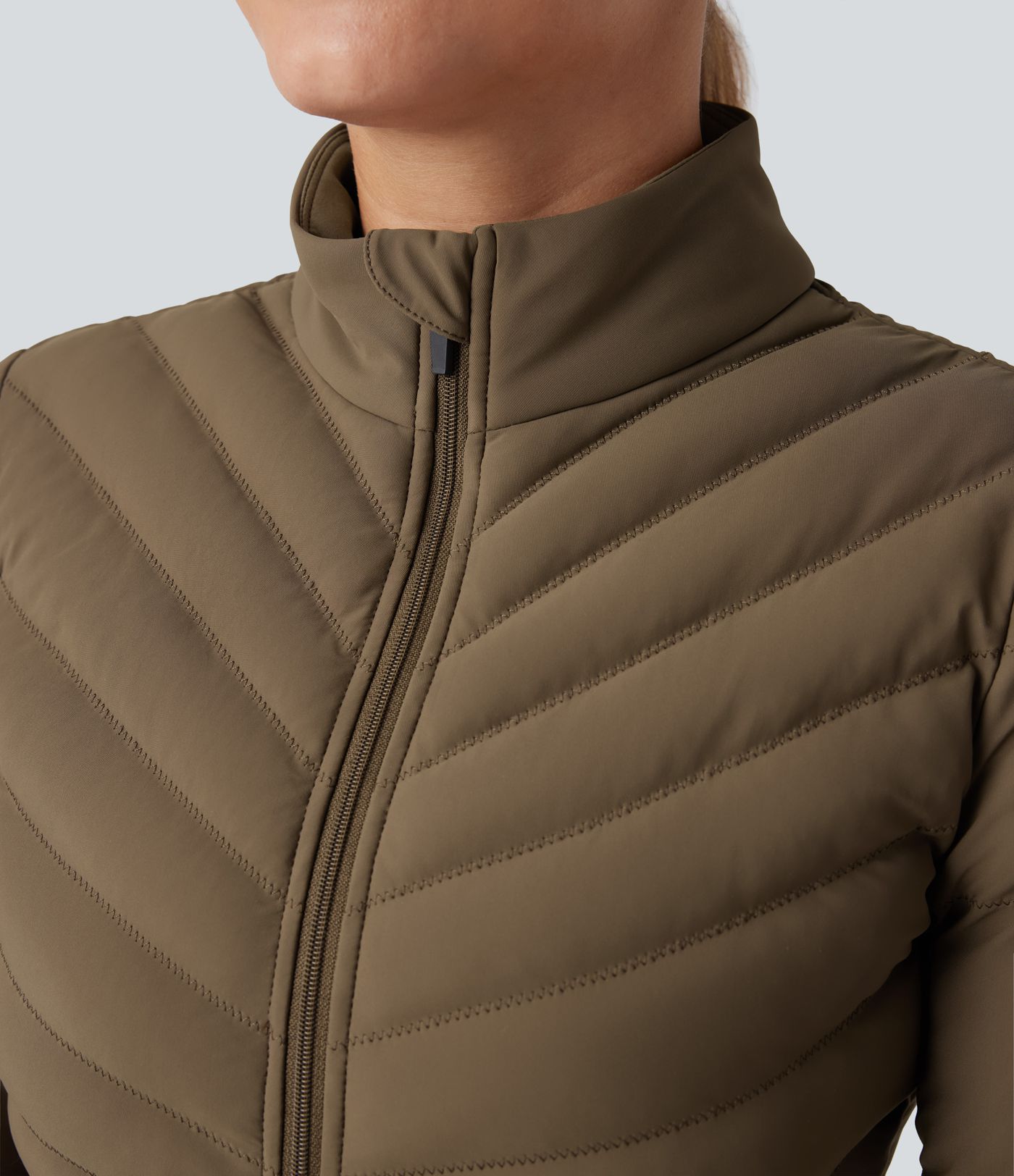 PuffFlex Stand Collar Thumb Holes Stretchy Workout Quilted Jacket with Pockets