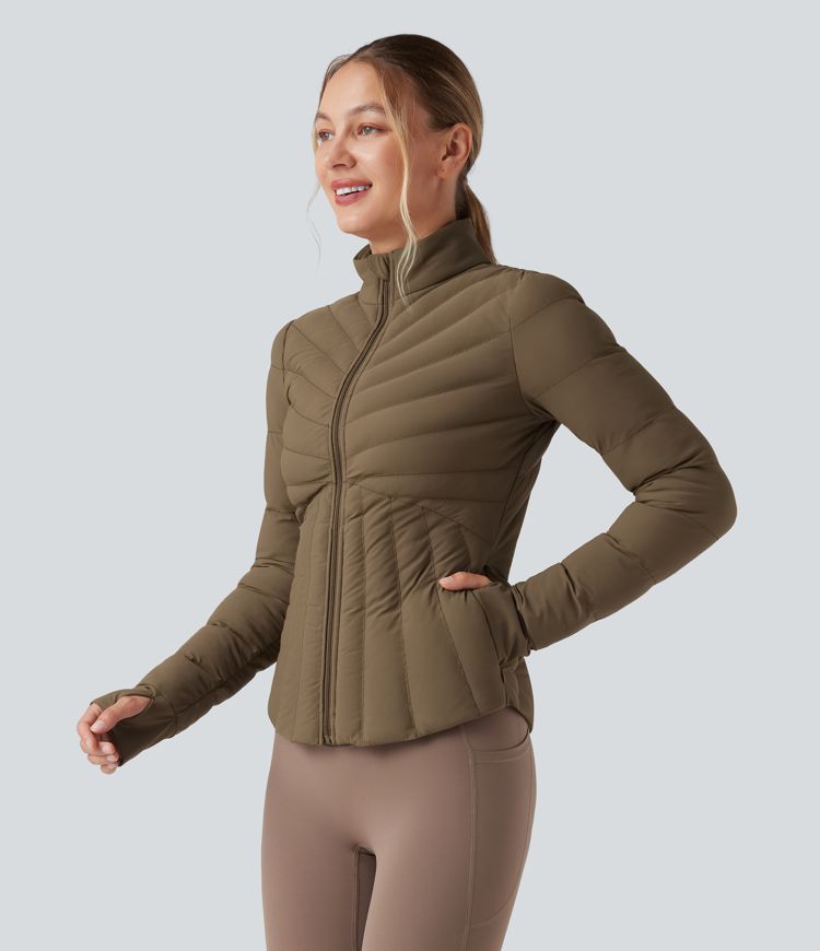 Stand Collar Thumb Holes Stretchy Workout Padded Jacket with Pockets