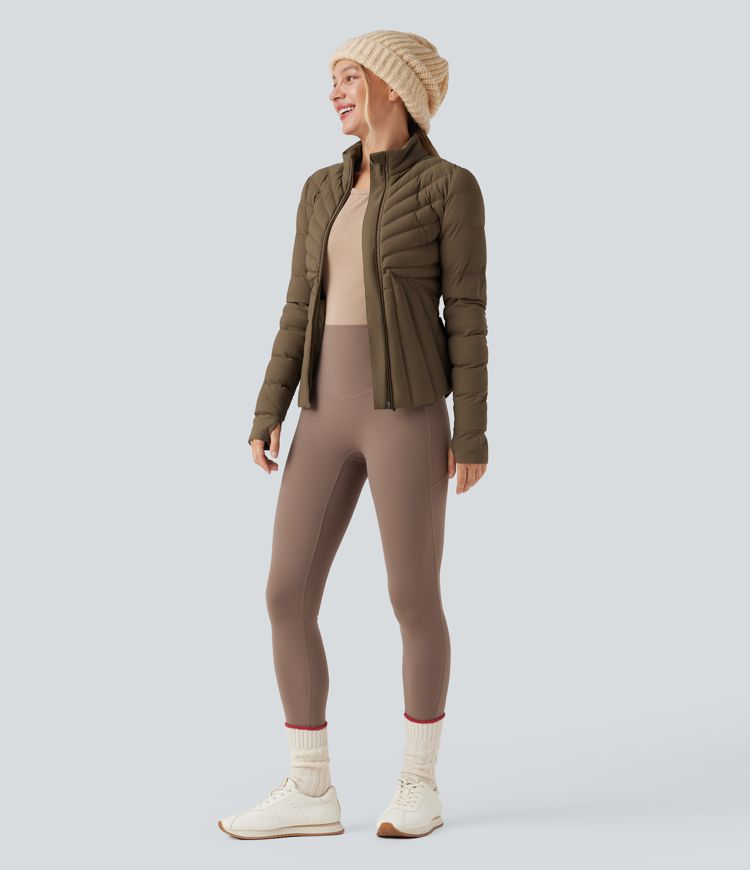 Stand Collar Thumb Holes Stretchy Workout Padded Jacket with Pockets