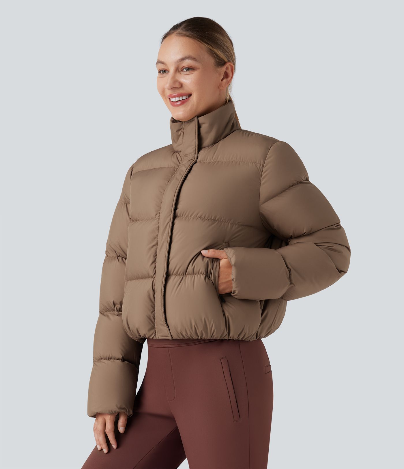 Water Repellent High Neck Long Sleevve Casual Puffer Down Jacket with Pockets