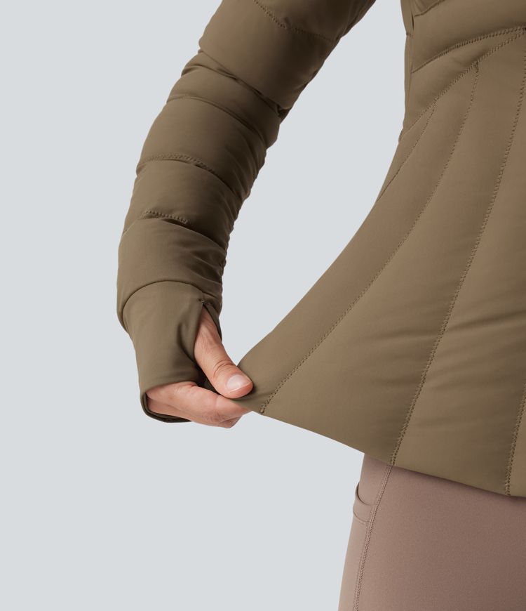 Stand Collar Thumb Holes Stretchy Workout Padded Jacket with Pockets